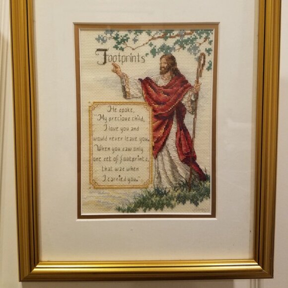 Handmade Framed Wall Art Hanging Cross Stitch Jesus - "Foot prints" - Picture 2 of 7